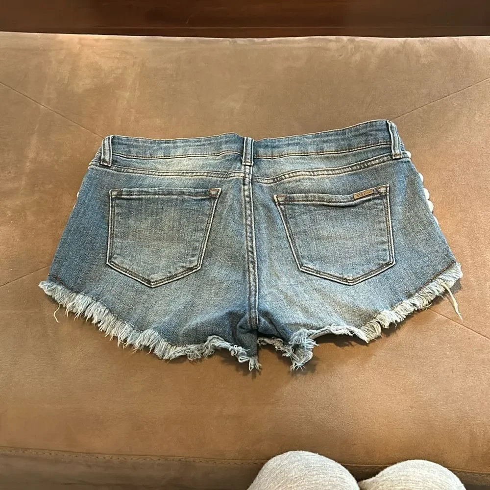 STS Blu Distressed Blue Jean Shorts with Pom-Pom Trim - Picture 3 of 12